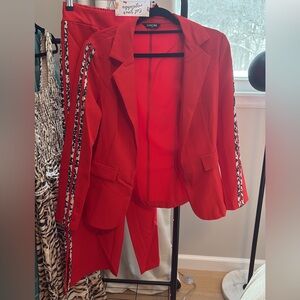 Chic Red Blazer with Matching Wide Leg Pants, with cheetah stripes - Small NWOT